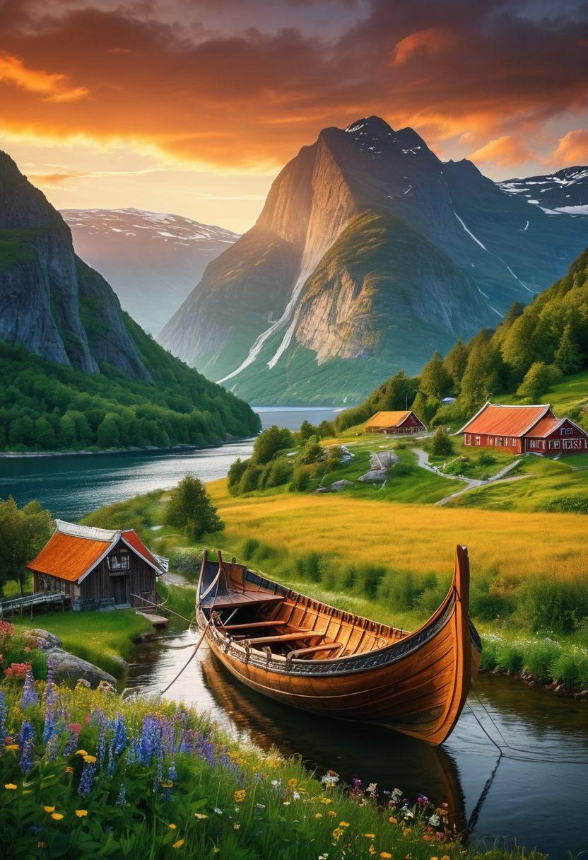 A picturesque landscape featuring a majestic Viking ship sailing through serene fjords, with dramatic mountains in the background. The scene includes iconic Viking structures like a longhouse and rune stones, surrounded by lush greenery and wildflowers. A sunset casts a golden hue over the scene, highlighting the rich cultural heritage of Scandinavia. Include intrigued tourists observing and experiencing the history around them. vibrant colors. super-realistic.